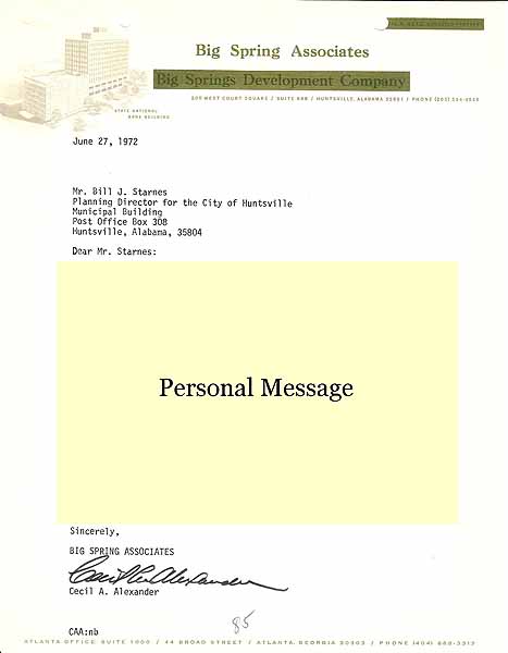 Huntsville History Vertical File - Big Spring Associates Letter
