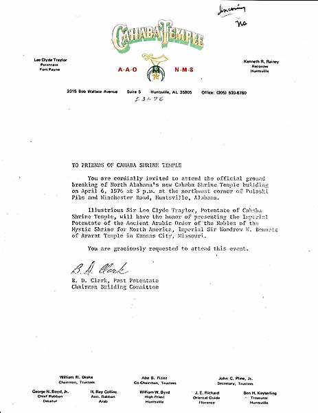 Huntsville History Vertical File - Cahaba Shrine Temple Letter