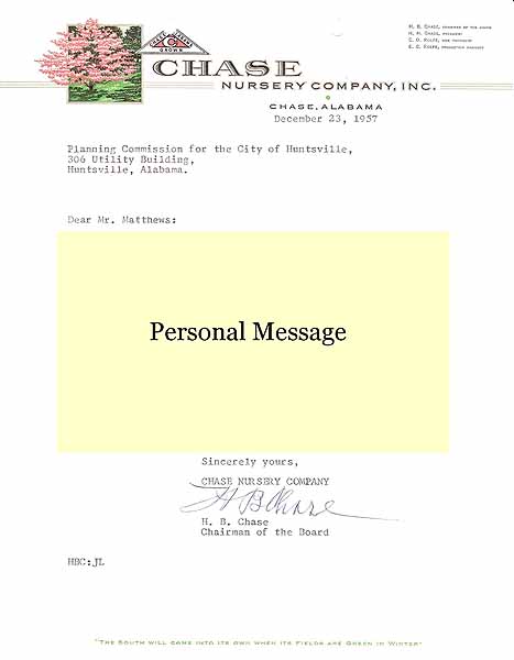 Huntsville History Vertical File - Chase Nursery Letter