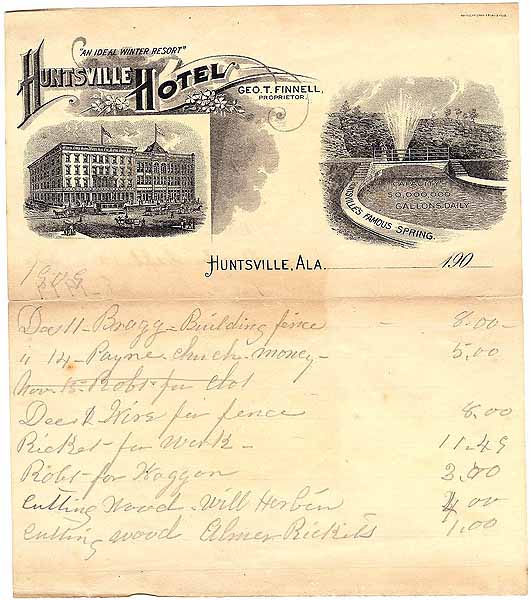 Huntsville History Vertical File - Huntsville Hotel Receipt