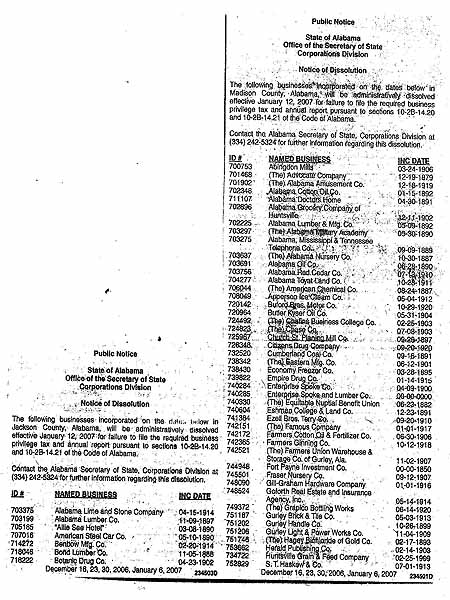 Huntsville History Vertical File - Old Huntsville Corporations Dissolution Notice